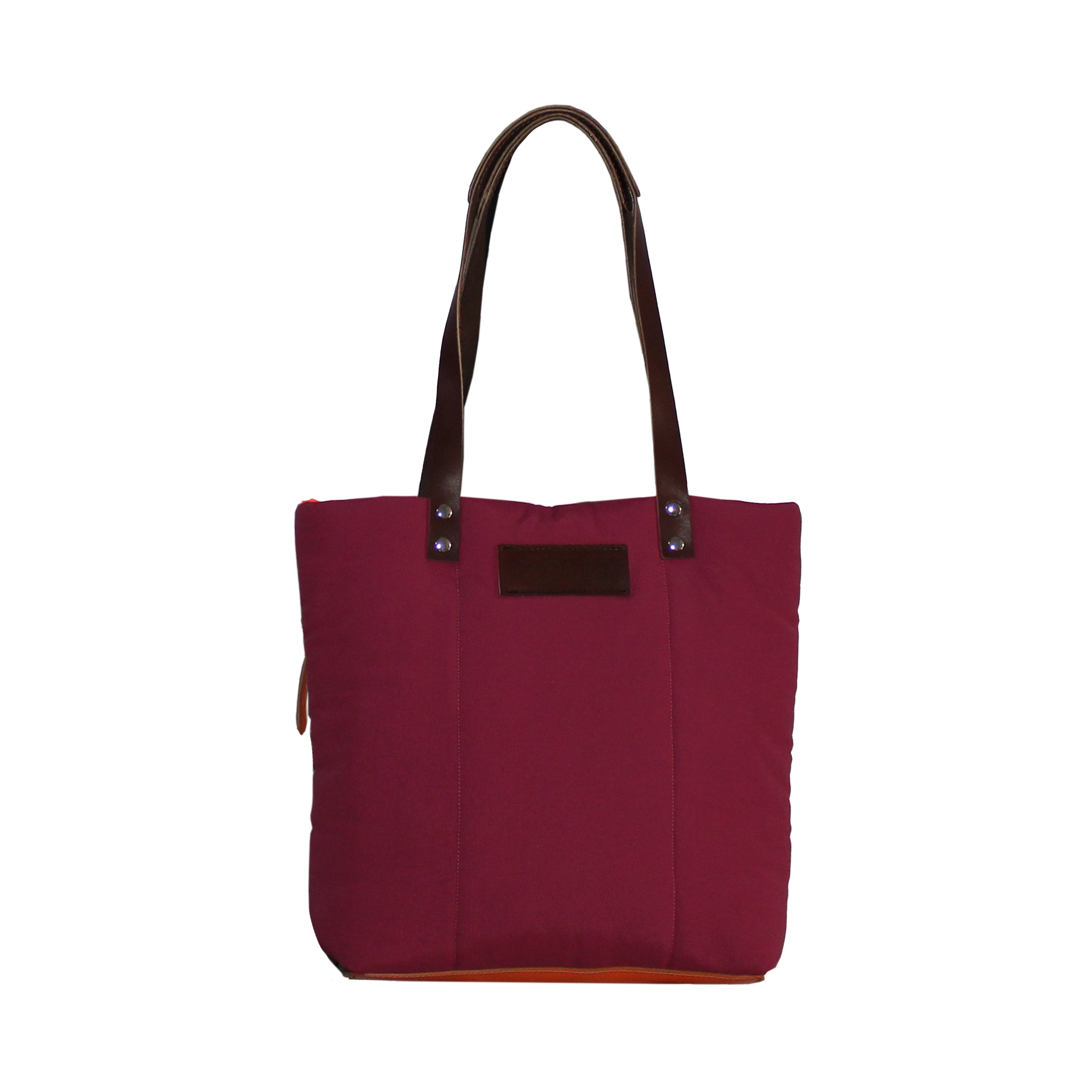 Saphir Tote bag design en toile recyclée bicolore avec poche en cuir bordeau texturé