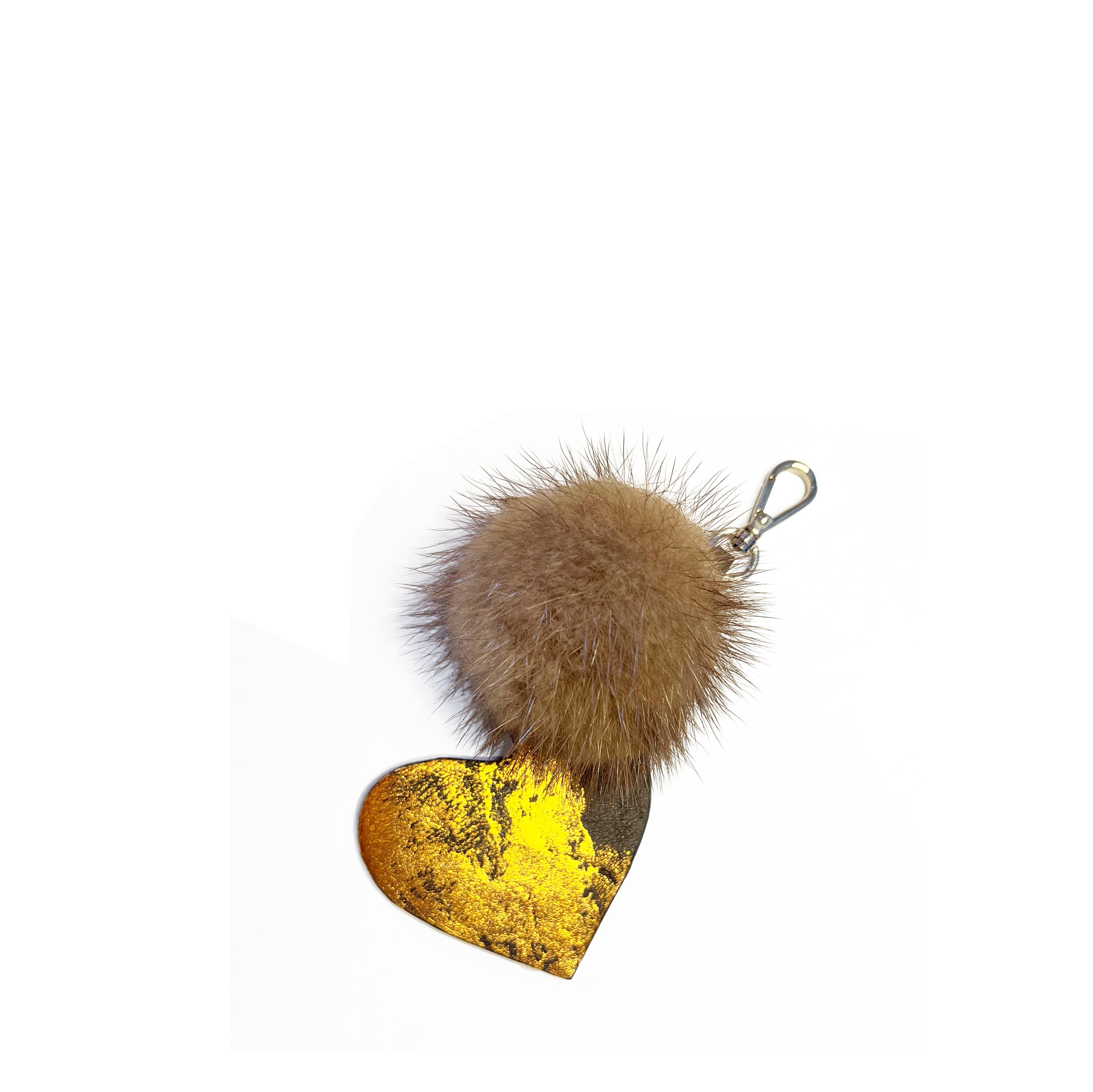 Porte clefs LUMINEUX coeur avec un  pompon en  fourrure recyclée